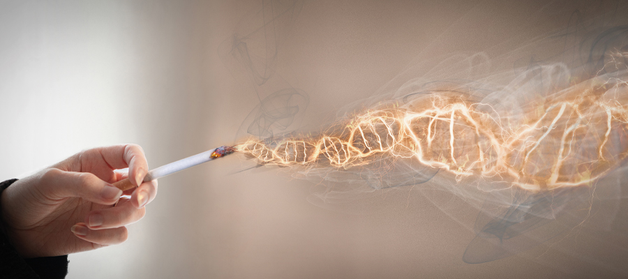 Hand holding cigarette with smoke forming in the shape of DNA