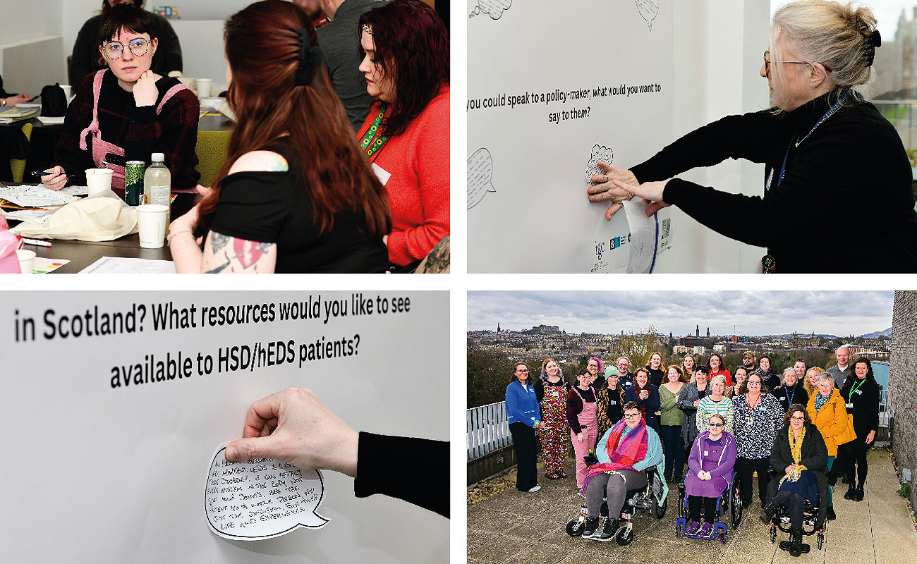 Collage of images from Ehlers-Danlos syndromes event. Group shot and groups working together.