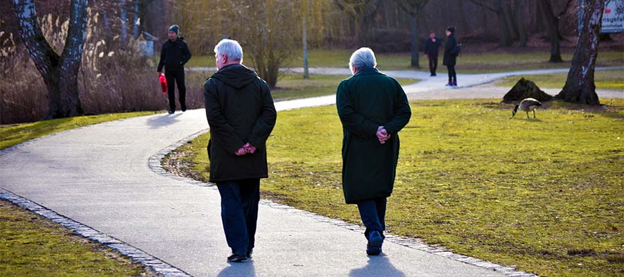 Elderly couple walking in park